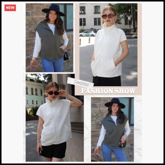 Oversized Waffle Knit Vest Zipper Up Cap Sleeve Side Pockets Chic Casual - Picture 6 of 7